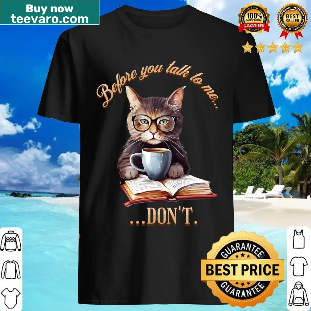Funny cat with coffee and glasses t-shirt — on a men's t-shirt