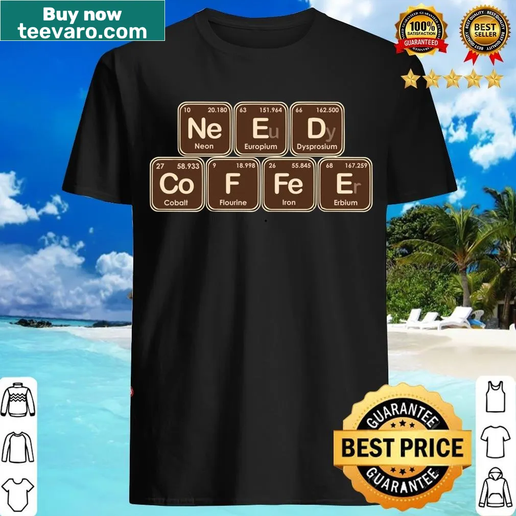Vintage-style T-shirt with periodic table elements and coffee theme — on a men's t-shirt