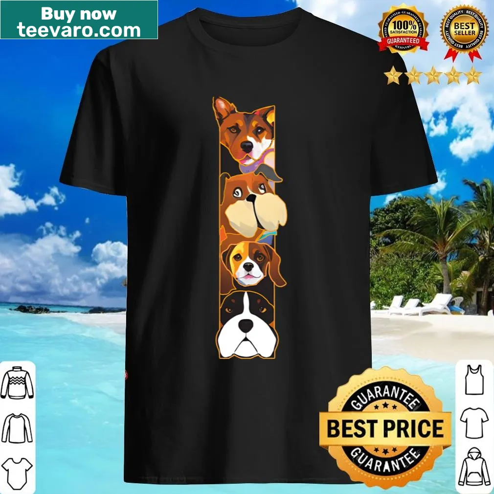 Cartoon T-shirt featuring four funny dogs in playful poses — on a men's t-shirt