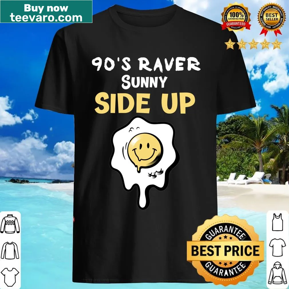 Cartoon sunny side up egg T-shirt reflecting rave culture — on a men's t-shirt