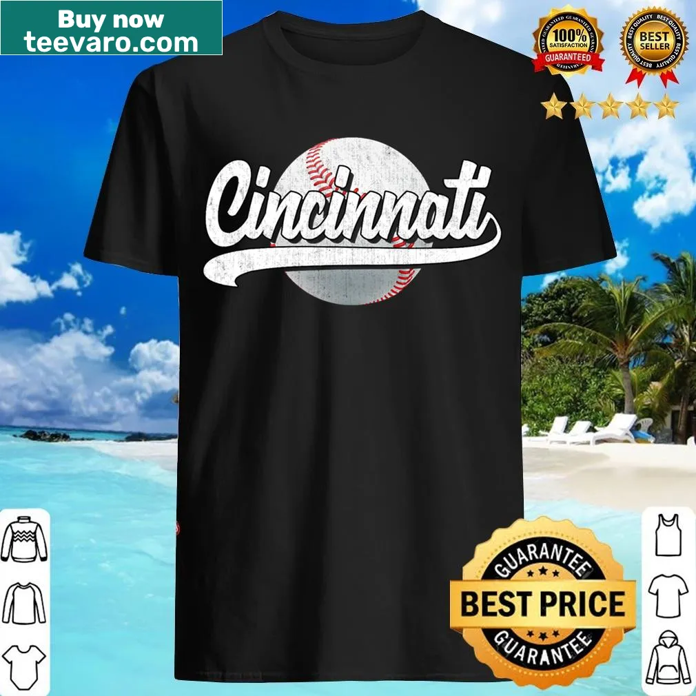 Vintage-style T-shirt with Cincinnati baseball graphic — on a men's t-shirt