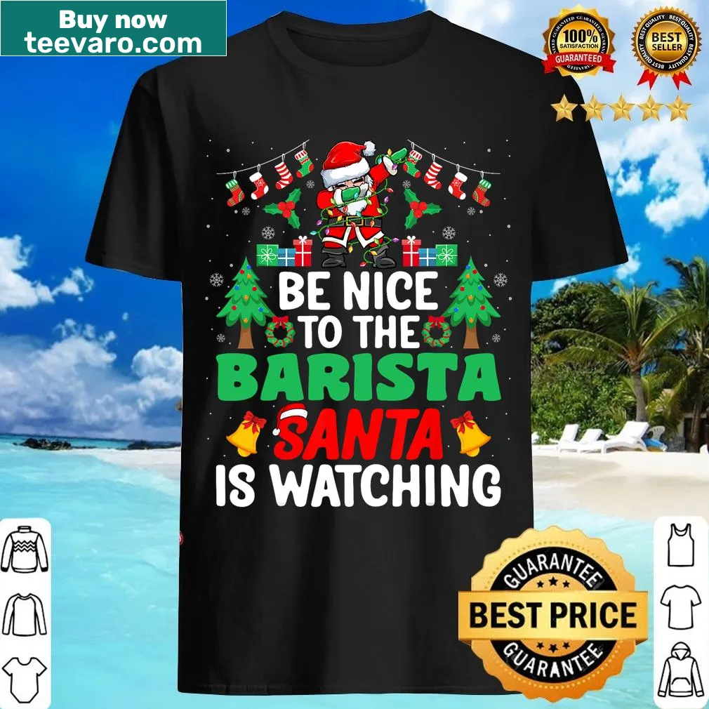 Vintage Santa Barista Christmas t-shirt with a festive coffee theme — on a men's t-shirt