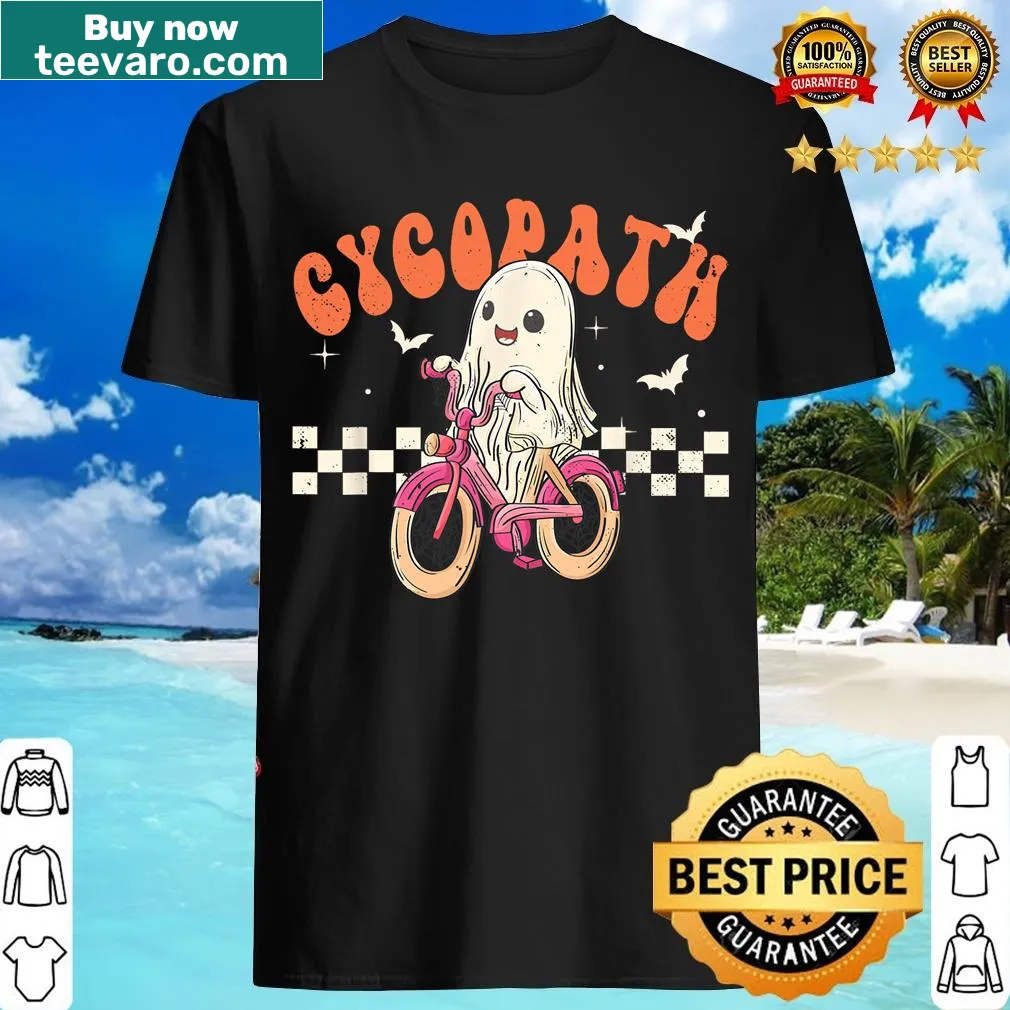Cartoon ghost riding a bicycle Halloween t-shirt for kids — on a men's t-shirt