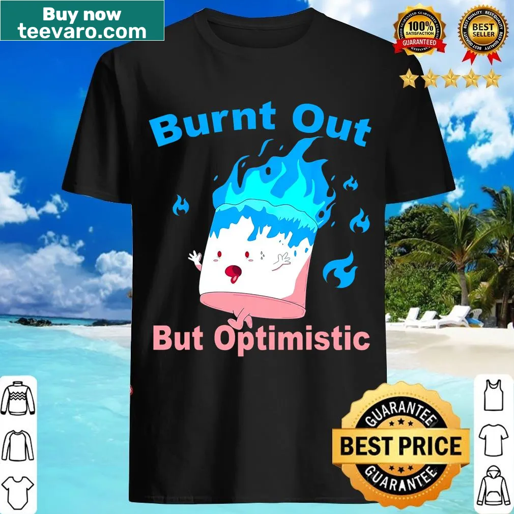 Cute cartoon marshmallow roasting over a fire on t-shirt — on a men's t-shirt
