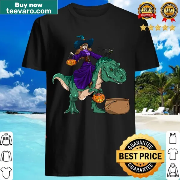 Cute witch riding a dinosaur on a Halloween T-shirt