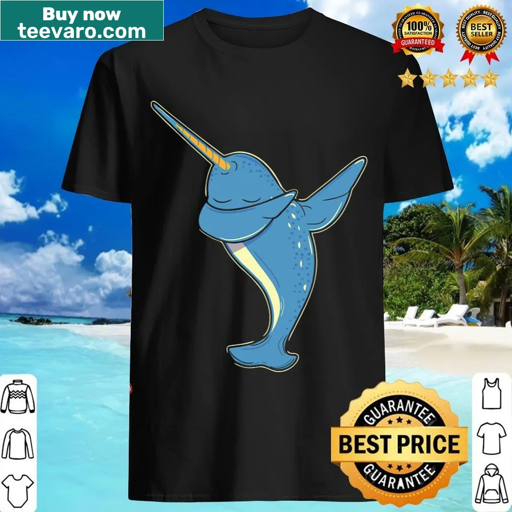 Cartoon dabbing narwhal graphic on t-shirt — on a men's t-shirt