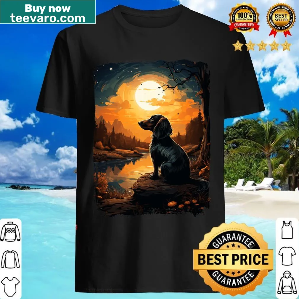 Gothic dachshund silhouette in moon graphic on Halloween t-shirt — on a men's t-shirt