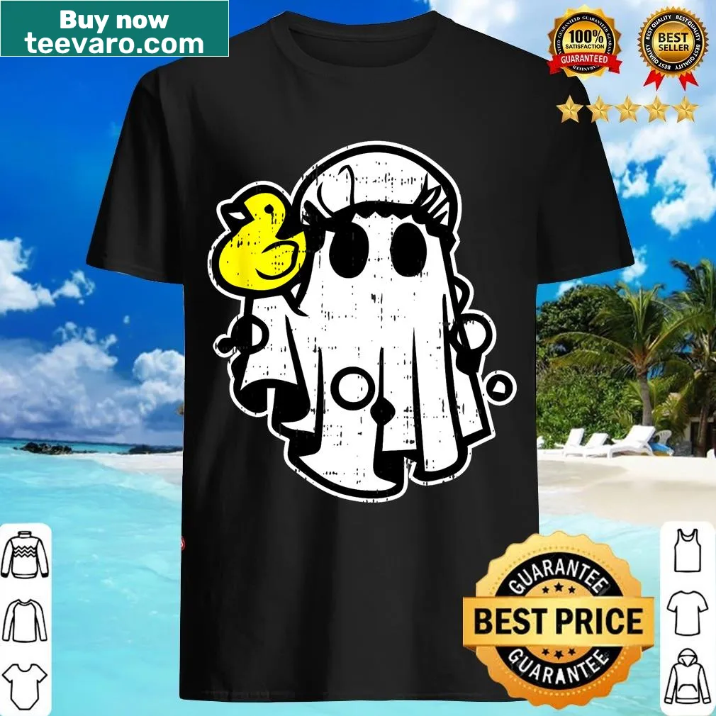 Cartoon ghost rubber duck design on a Halloween t-shirt — on a men's t-shirt