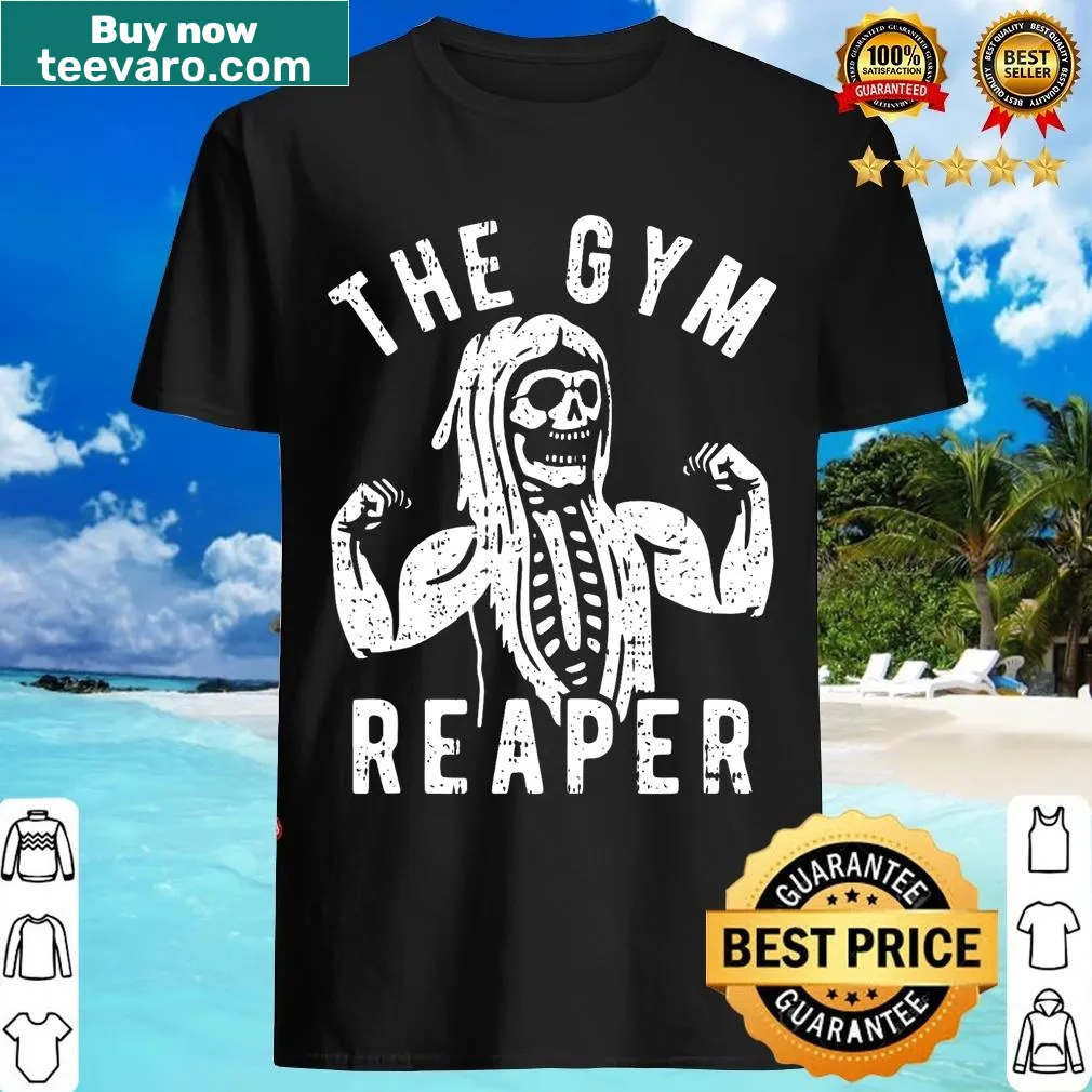 Funny Gym Reaper skeleton graphic for Halloween fitness t-shirt — on a men's t-shirt