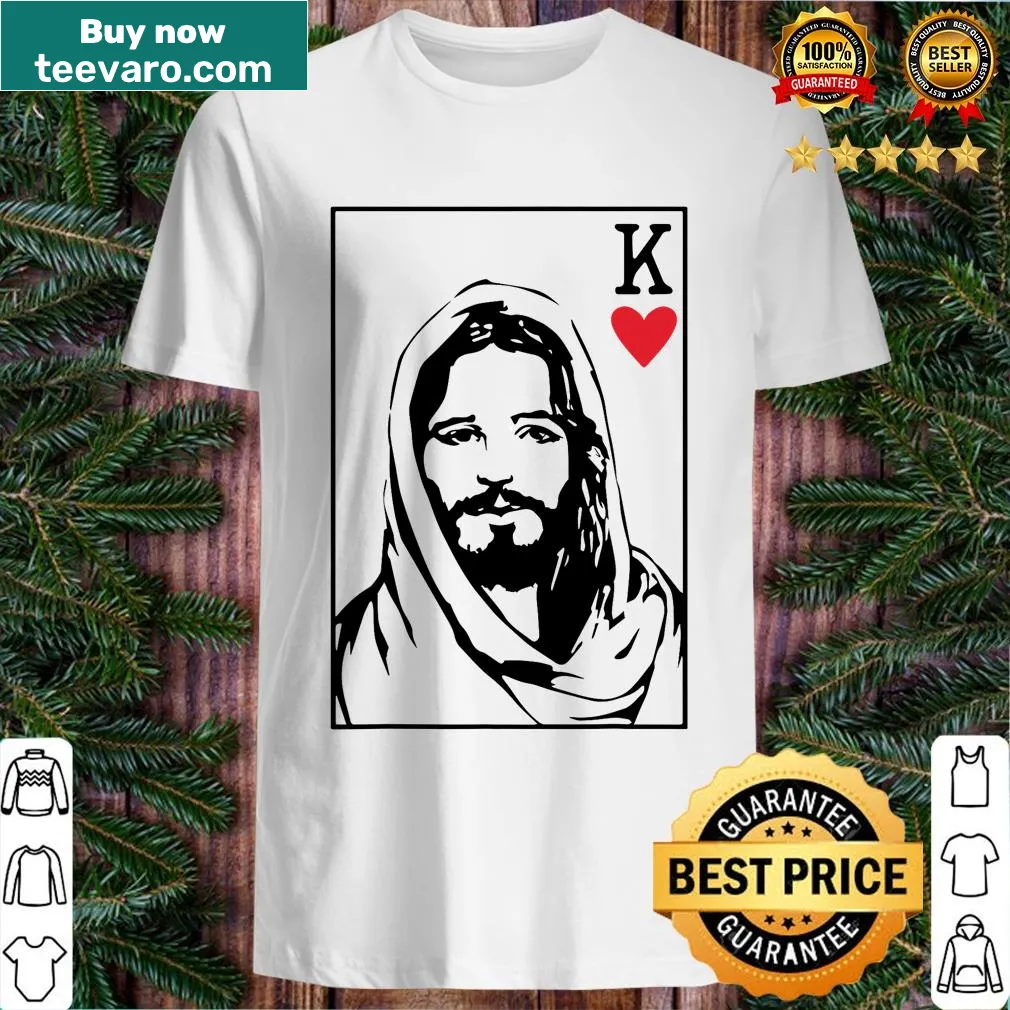Christian T-shirt with 'Jesus Is King' design and king of hearts card — on a men's t-shirt