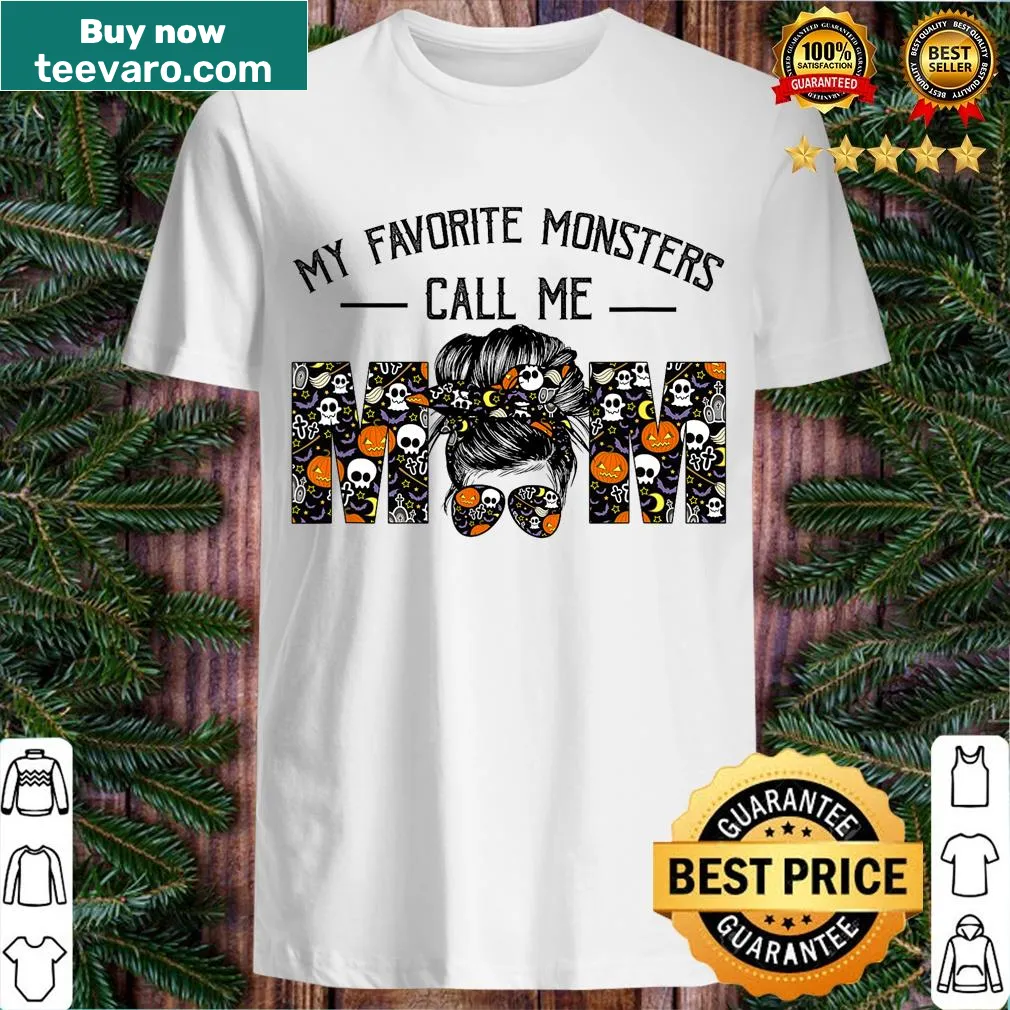 Halloween T-shirt for moms with 'My Favorite Monsters Call Me Mom' text — on a men's t-shirt