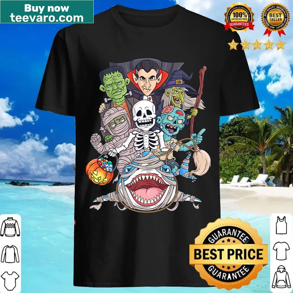 Funny Halloween t-shirt with a skeleton zombie riding a mummy shark — on a men's t-shirt