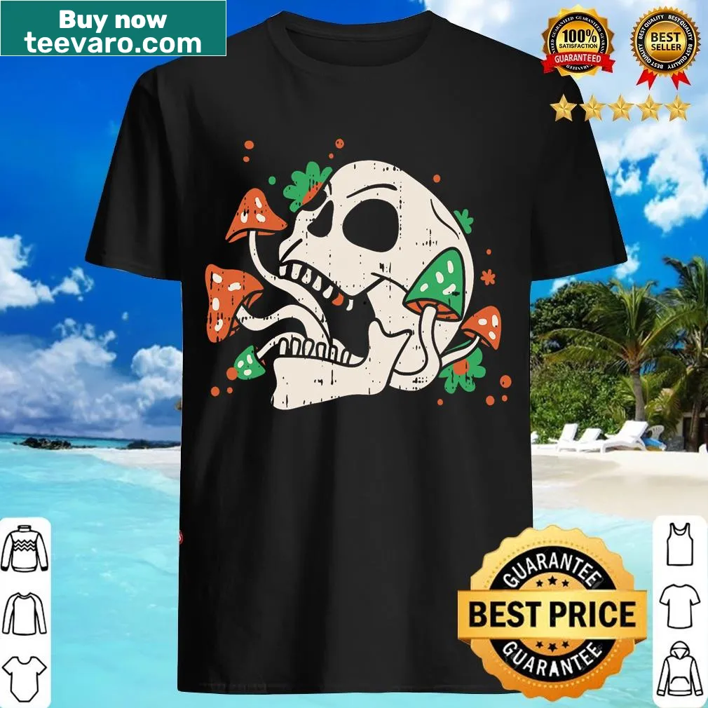 Retro T-shirt featuring a skull and mushrooms for Halloween lovers. — on a men's t-shirt