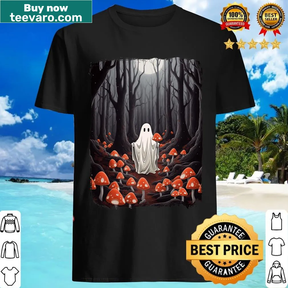Vintage T-shirt with mushroom ghost in a forest graphic — on a men's t-shirt