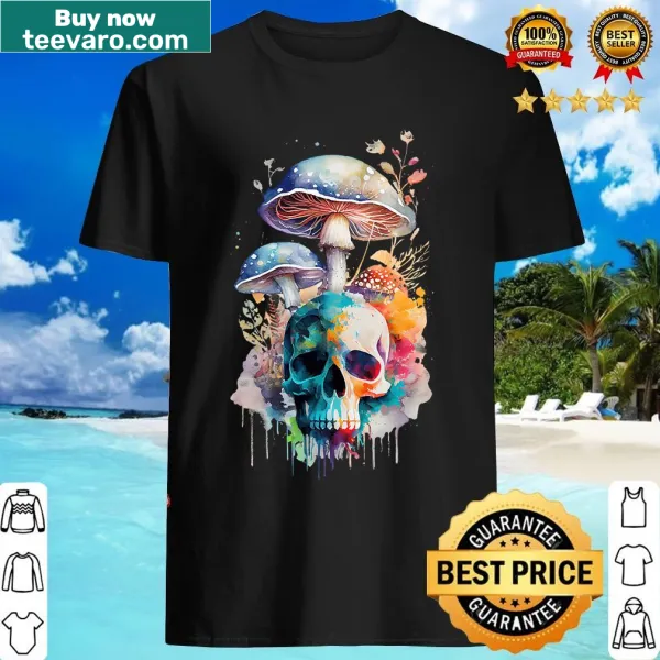 Watercolor t-shirt featuring a skull and mushroom design for mycology lovers