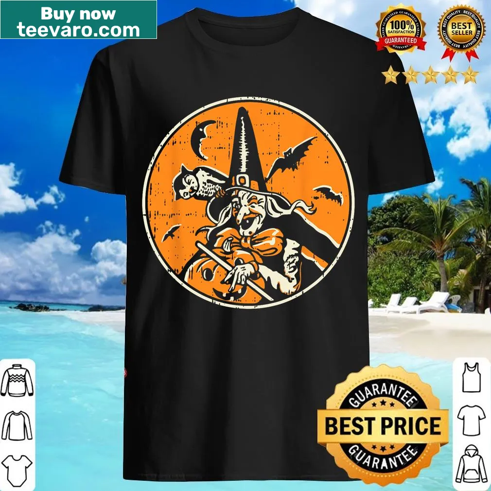 Retro-style t-shirt featuring a witch and her bat companion for Halloween — on a men's t-shirt