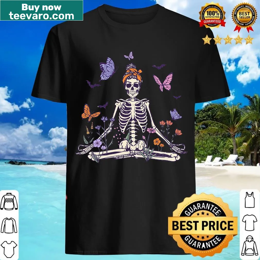 Yoga skeleton mom design with Halloween theme — on a men's t-shirt