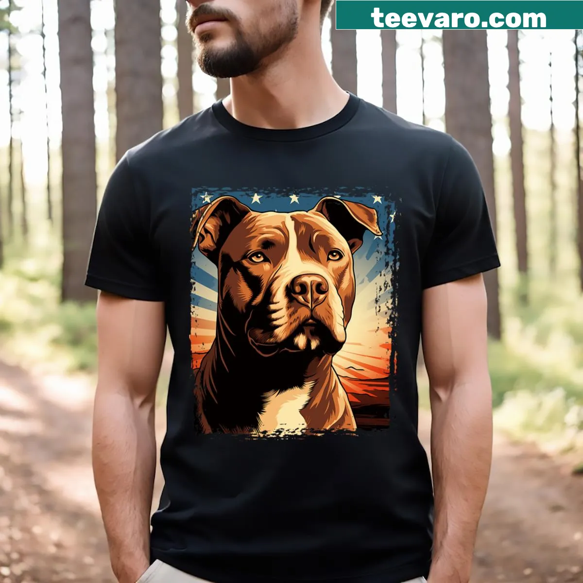 Pop art portrait of an American Pitbull Terrier on a T-shirt — on a men's t-shirt