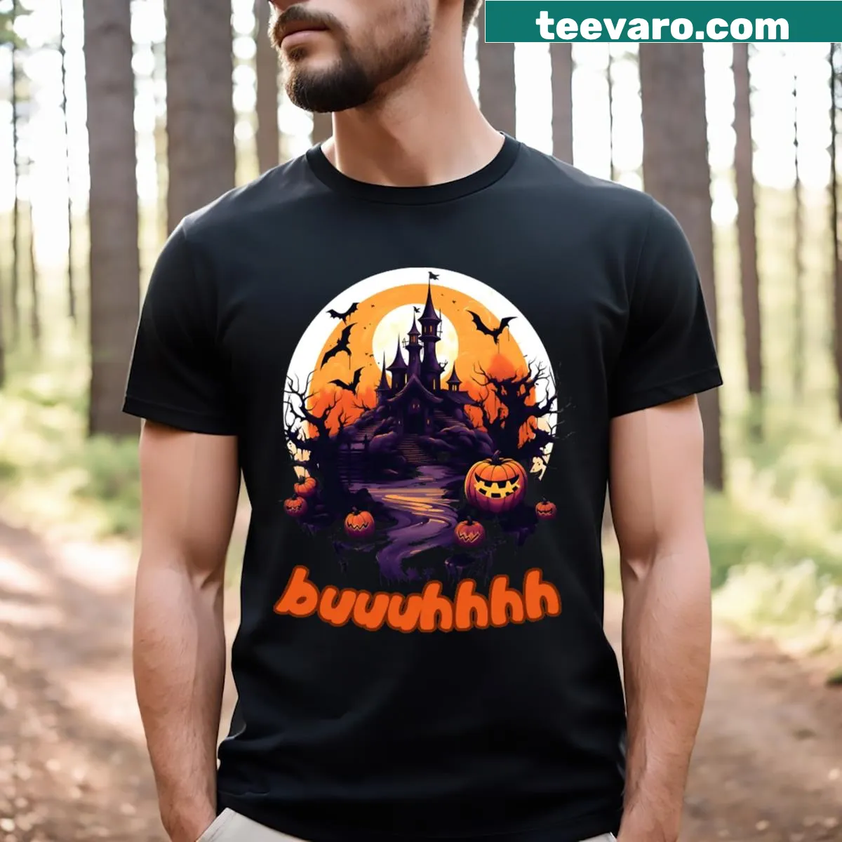 Playful Halloween-themed T-shirt with spooky text — on a men's t-shirt
