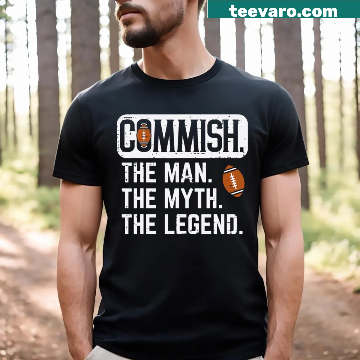 Fantasy football commissioner T-shirt with 'Commish Man Myth Legend' text — on a men's t-shirt
