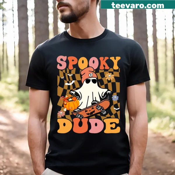 Cartoon ghost skateboarder graphic on a Halloween t-shirt