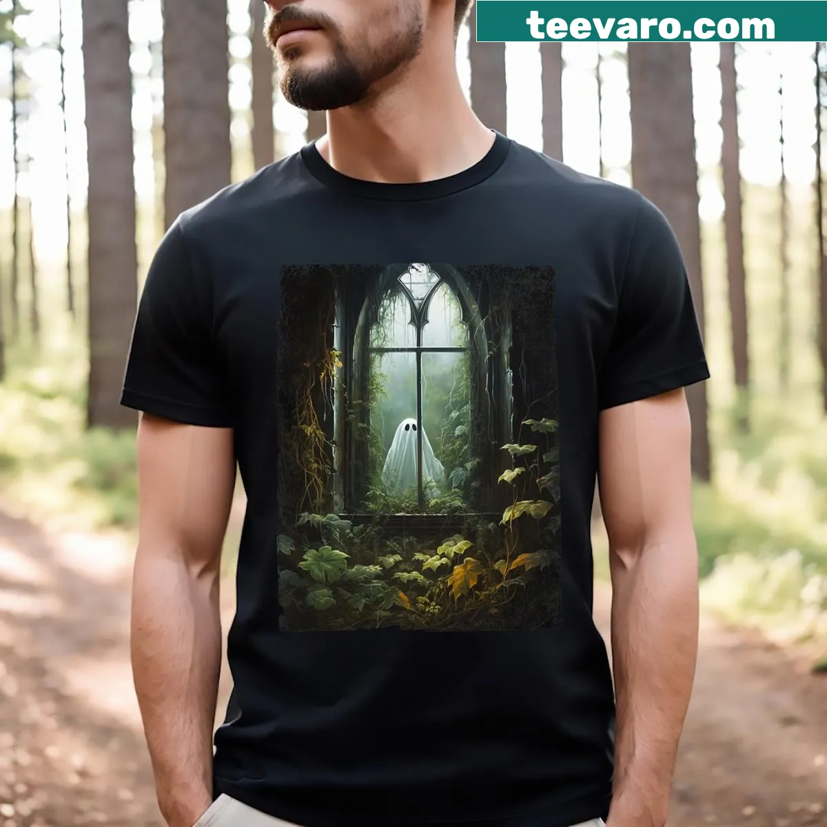 Vintage ghost and greenhouse graphic on a Halloween t-shirt — on a men's t-shirt