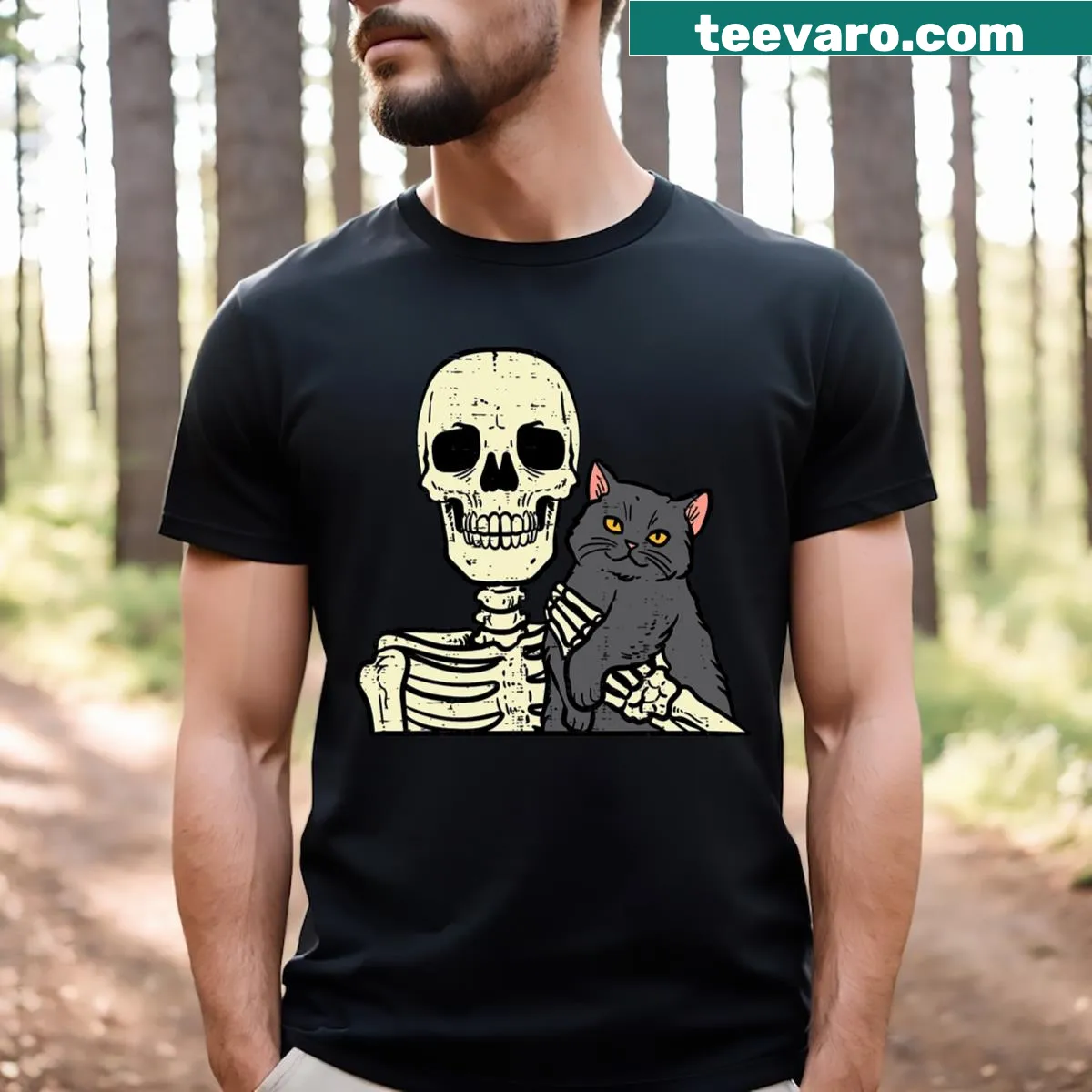 Halloween t-shirt with a black cat on a skeleton's shoulder — on a men's t-shirt
