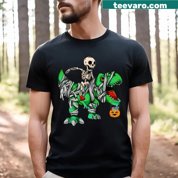 Cartoon dinosaur mummy t-shirt for kids, featuring T-Rex skeleton