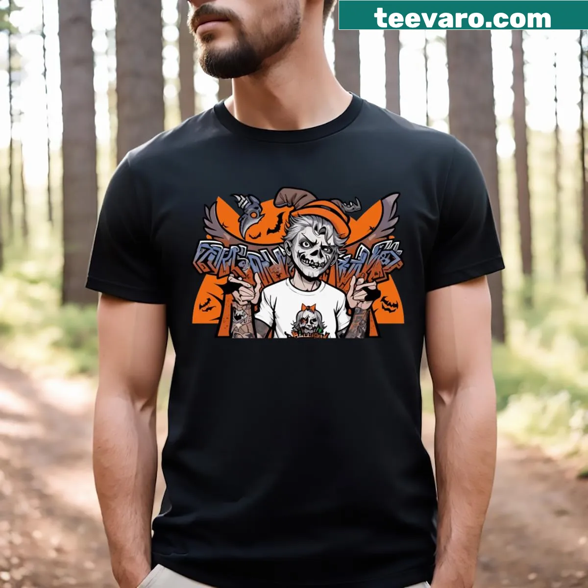 Playful Halloween t-shirt with spooky swagger text — on a men's t-shirt