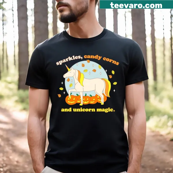 Cute T-shirt with candy corn, unicorn, and sparkles for Halloween