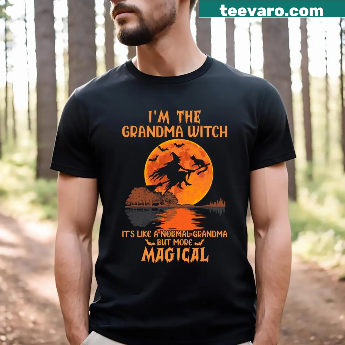 Playful 'Grandma Witch' Halloween t-shirt with fun text — on a men's t-shirt