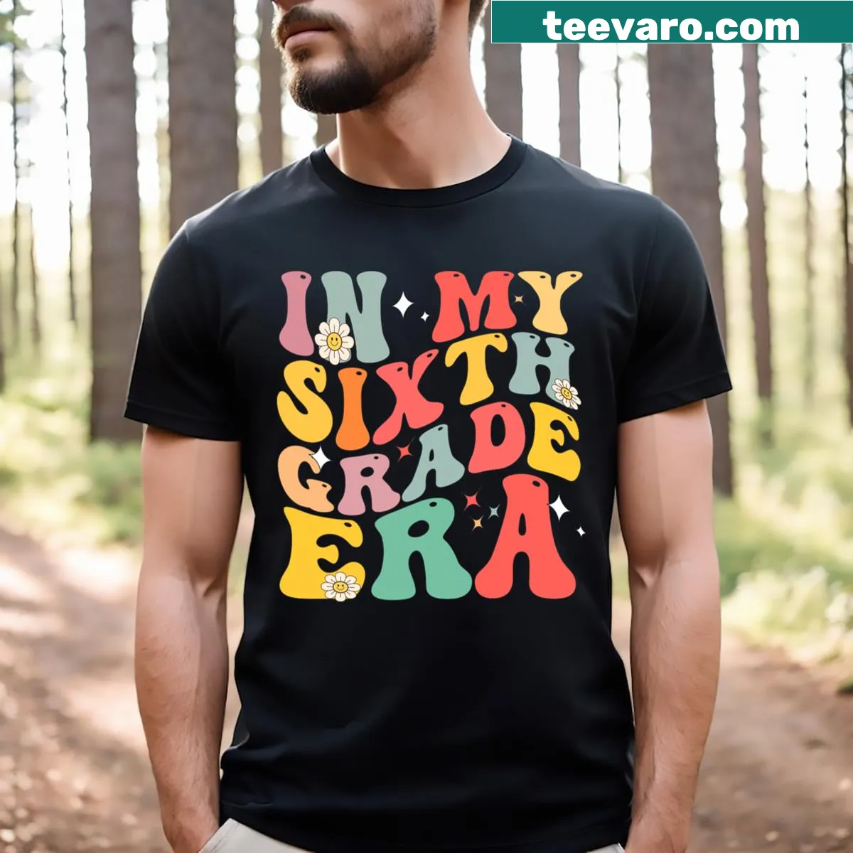 Retro groovy t-shirt for 6th grade teachers with playful graphics — on a men's t-shirt