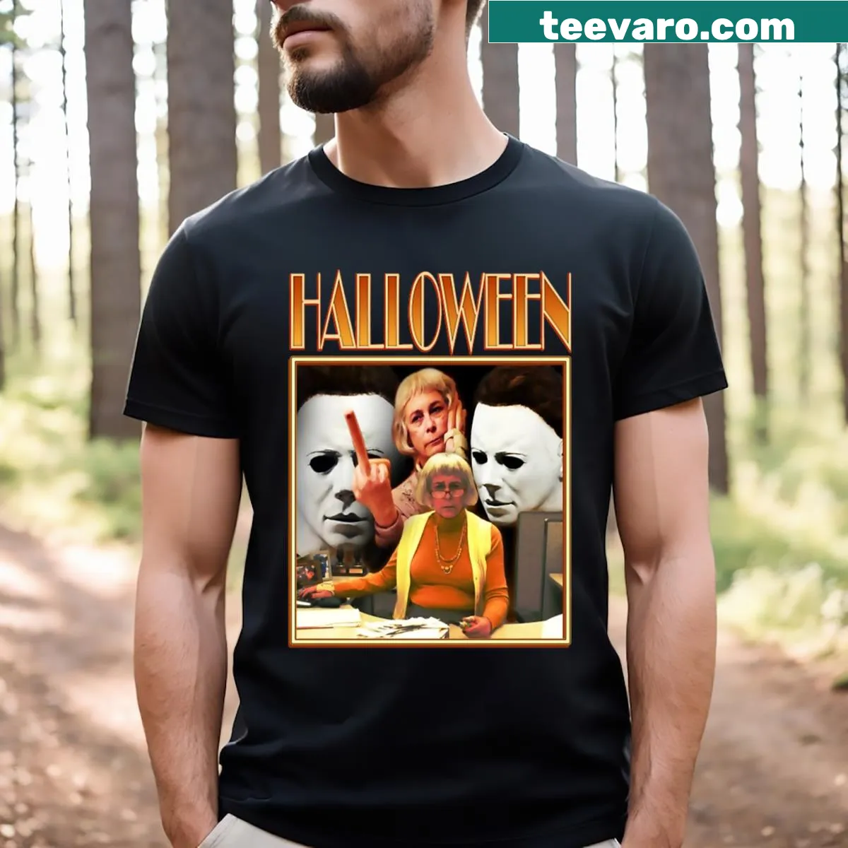 Vintage-styled Jamie Lee Curtis Halloween themed T-shirt — on a men's t-shirt