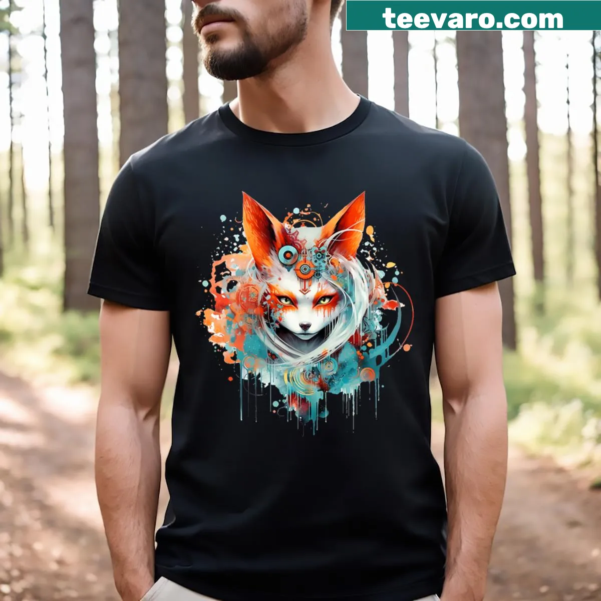 Illustrated kitsune fox t-shirt inspired by Japanese folklore — on a men's t-shirt