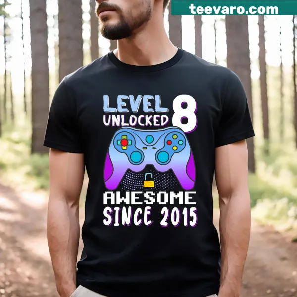 Video game themed t-shirt with 'Level 8 Unlocked' text