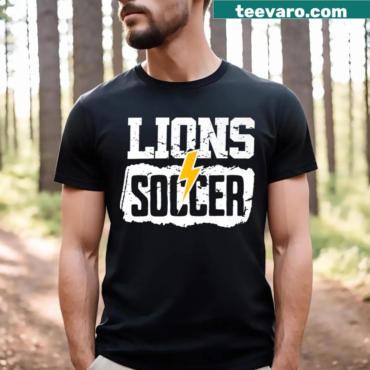 Soccer T-shirt with a lion illustration representing strength — on a men's t-shirt