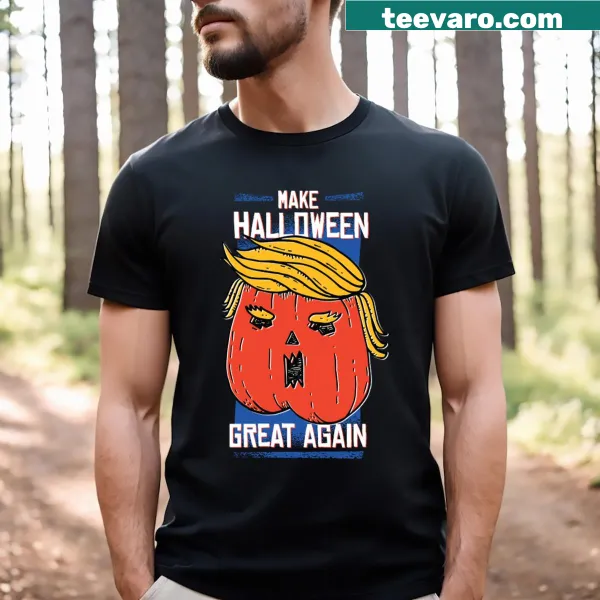 T-shirt with text 'Make Halloween Great Again' in a playful font