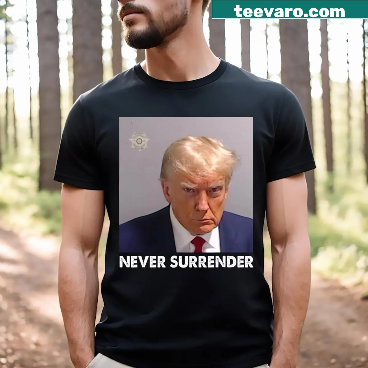Pro Trump T-shirt with 'Never Surrender' tagline in bold text — on a men's t-shirt