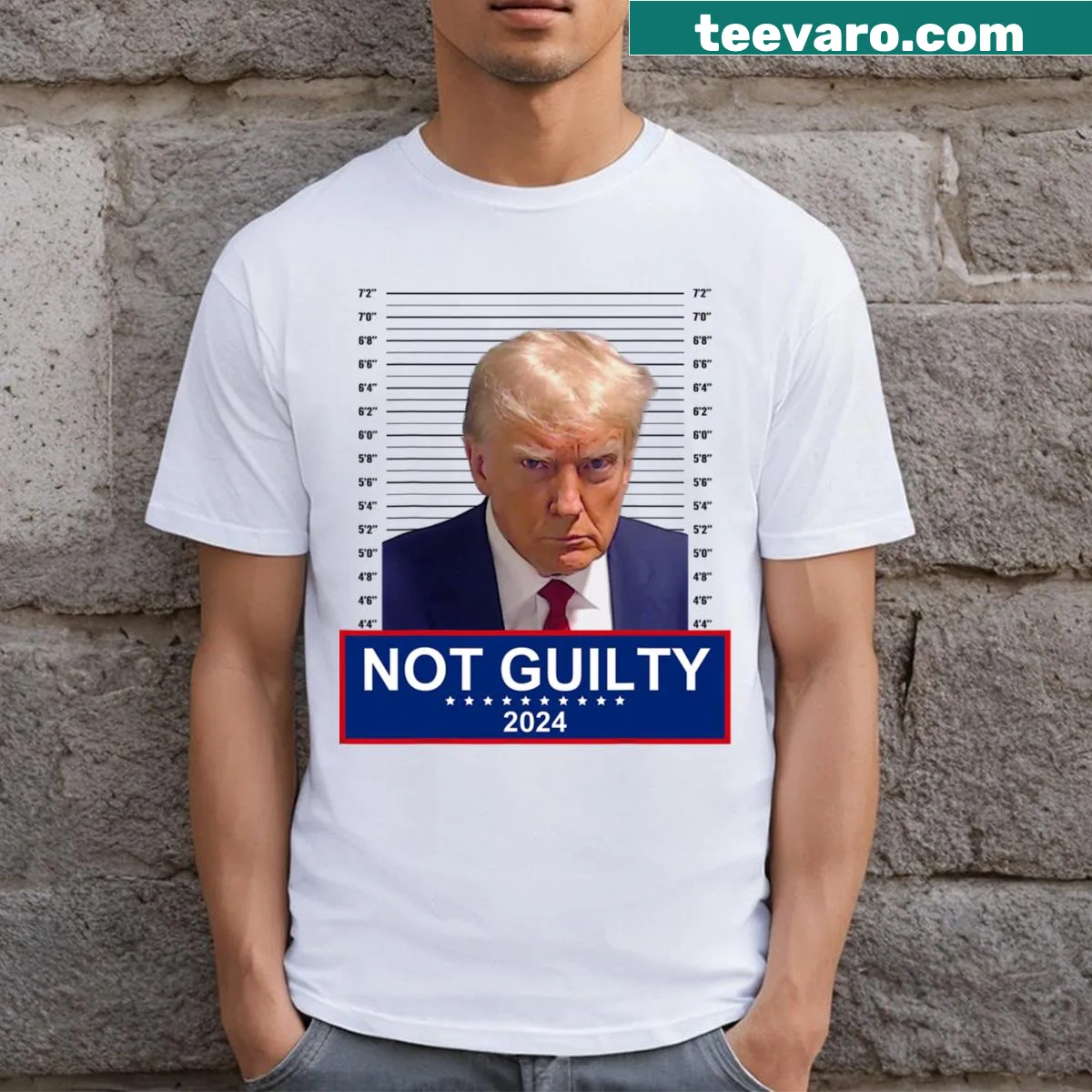 T-shirt featuring 'Not Guilty' and a mugshot graphic — on a men's t-shirt