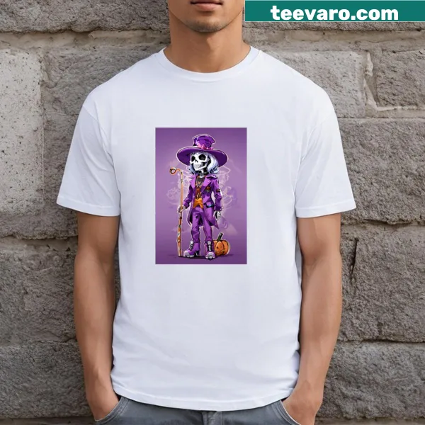 Playful skeleton graphic with purple accents for Halloween.
