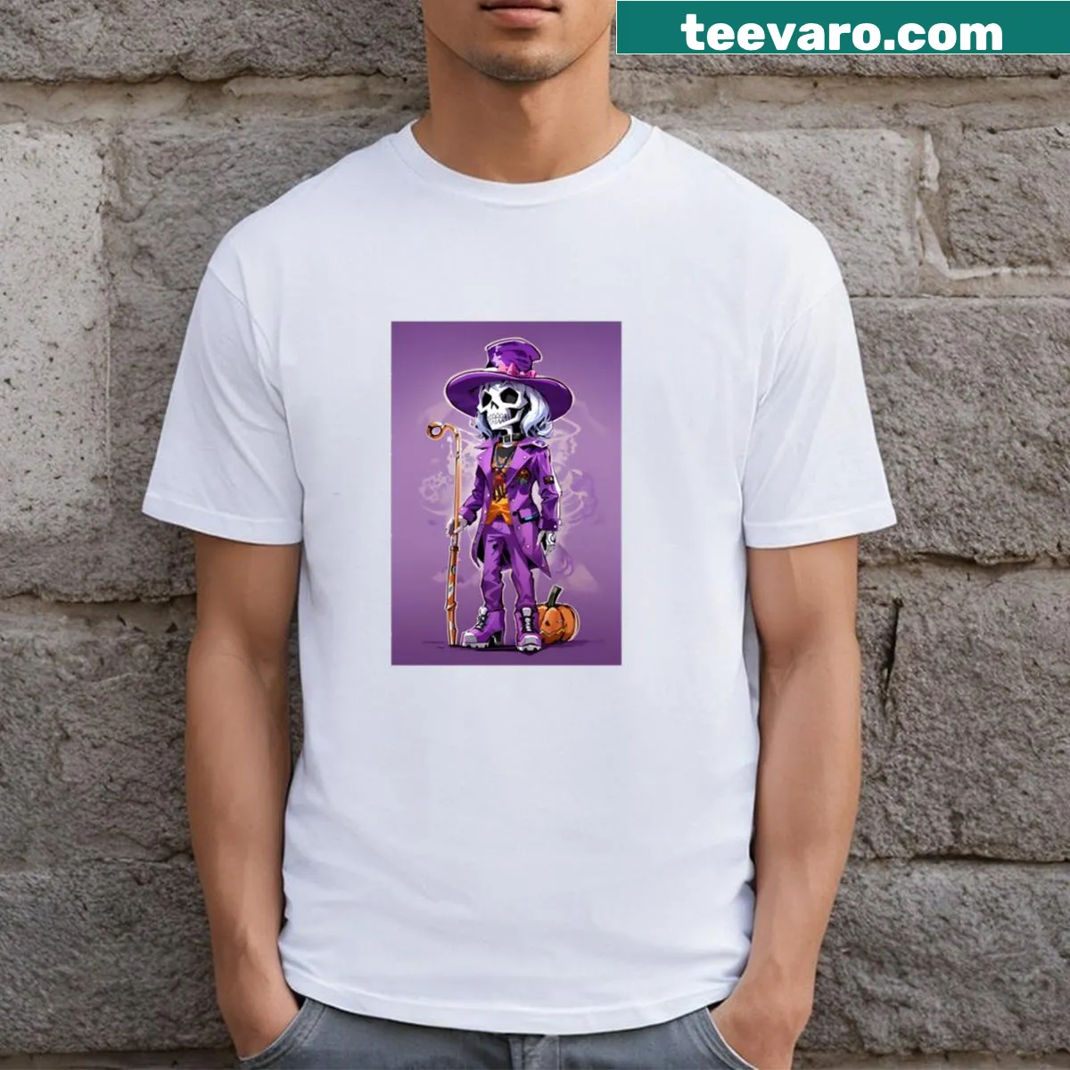 Playful skeleton graphic with purple accents for Halloween. — on a men's t-shirt