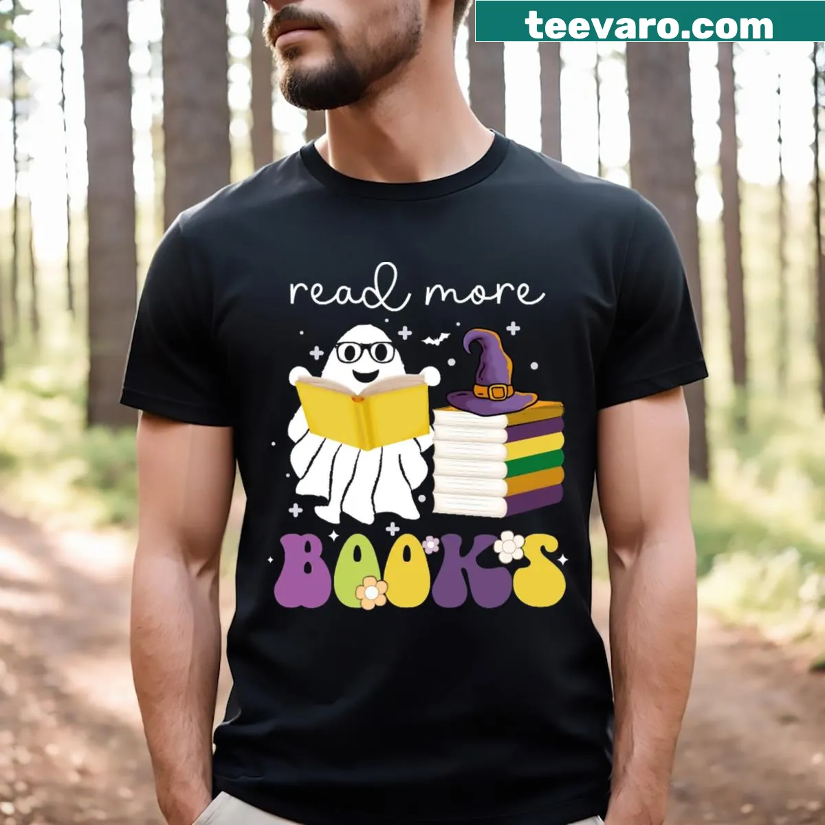 Whimsical ghost-themed T-shirt with reading text — on a men's t-shirt
