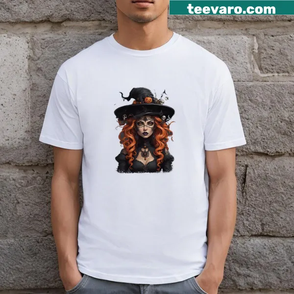 Enchanting goth girl surrounded by Halloween imagery on T-shirt.