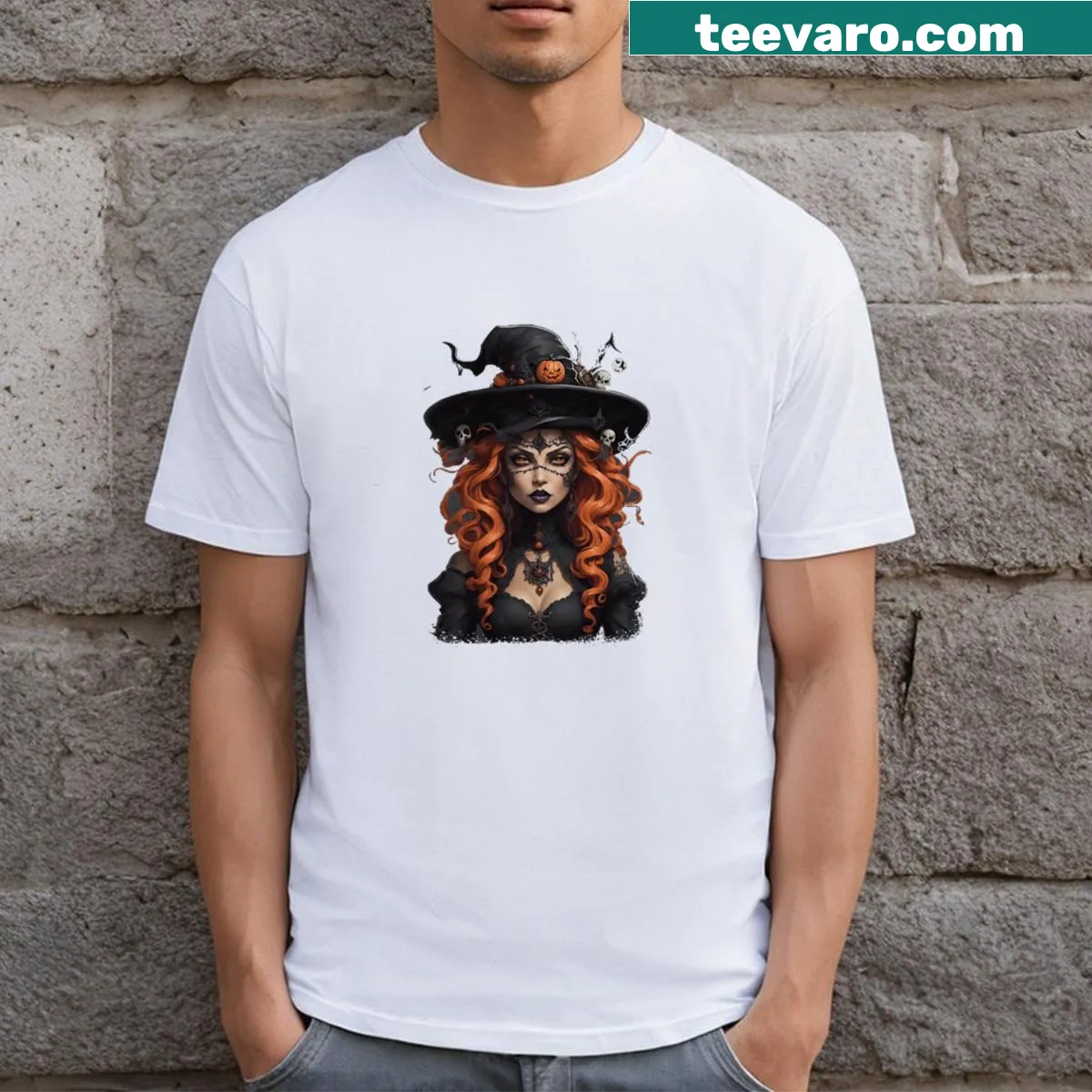 Enchanting goth girl surrounded by Halloween imagery on T-shirt. — on a men's t-shirt