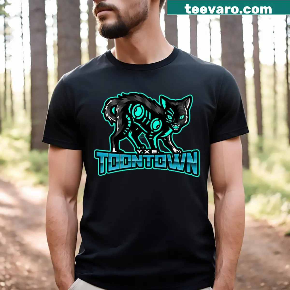 Cartoon-style T-shirt featuring a scared neon cat — on a men's t-shirt