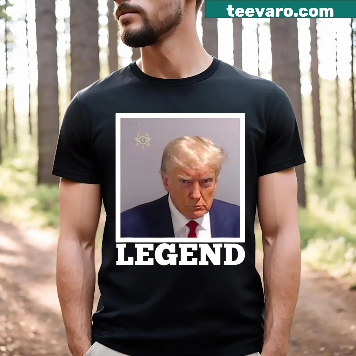 T-shirt with Trump's mugshot and 'Legend' text — on a men's t-shirt