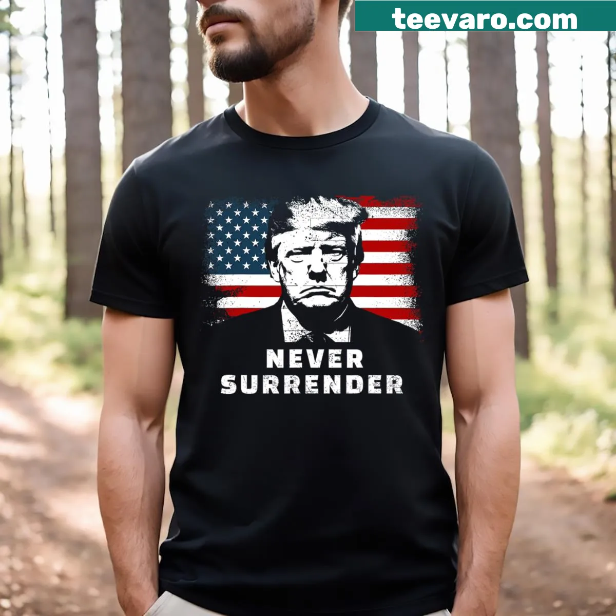 Bold t-shirt featuring Trump and 'Never Surrender' text — on a men's t-shirt