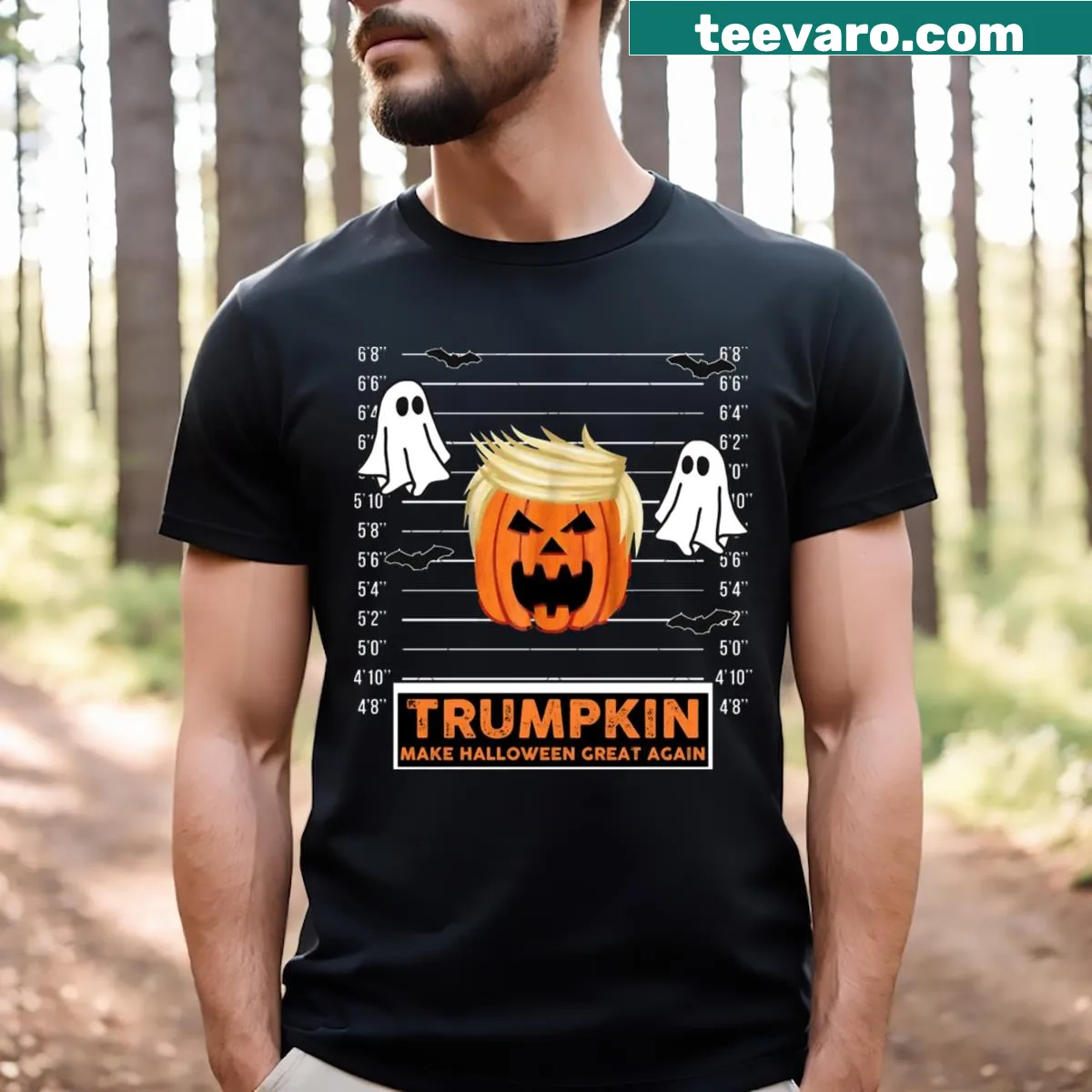Funny Halloween Trump-themed T-shirt with mug shot design — on a men's t-shirt