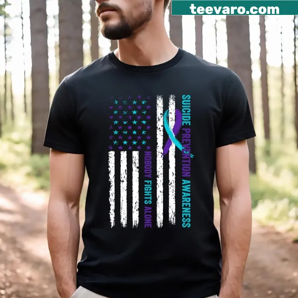 USA flag shirt with 'Nobody Fights Alone' for suicide awareness