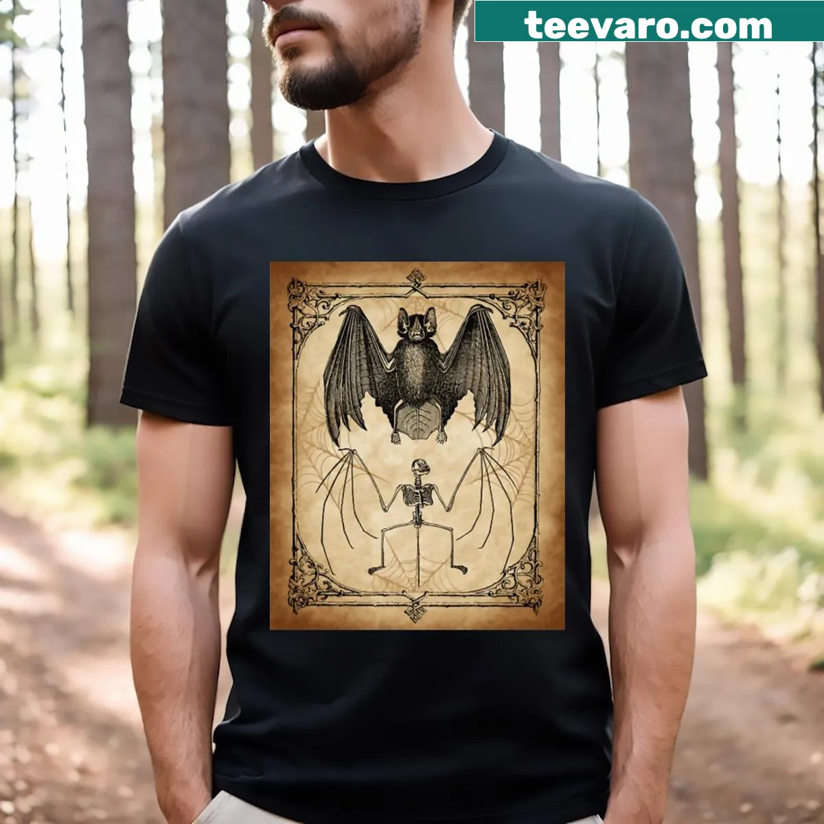 Vintage illustration of bat anatomy on a t-shirt — on a men's t-shirt